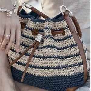 Brighton Sierra Raffia Straw Hobo Shoulder Drawstring Bag Cream/ Blue